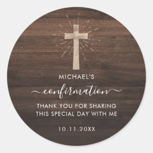 Sticker Rond Croix de confirmation personnalisée en bois rustiq