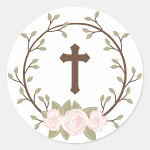 Sticker Rond Croix de couronne rose pâle Baptême Christening