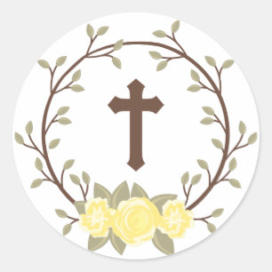 Sticker Rond Croix de germe jaune Baptême Christening