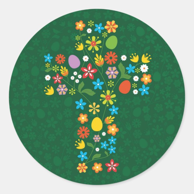 Sticker Rond Croix de Pâques avec oeufs et fleurs (Devant)