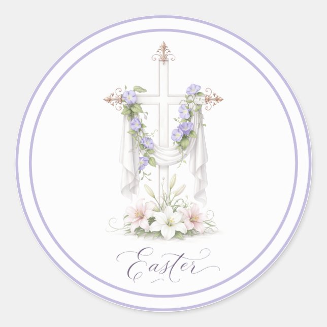 Sticker Rond Croix de Pâques sacrée avec des floraisons douces (Devant)