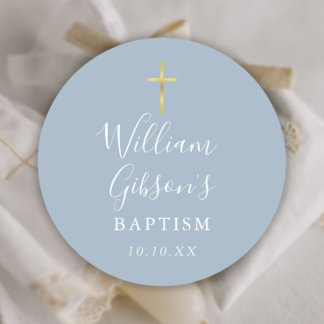 Sticker Rond Croix d'or Baptême Christening Dusty Blue