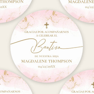 Sticker Rond Croix d'or rose Baptême Bautizo fille