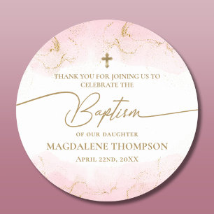 Sticker Rond Croix d'or rose moderne Baptême fille