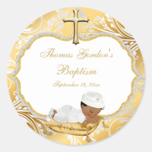 Sticker Rond Croix dorée de baptême de bébé ethnique garçon