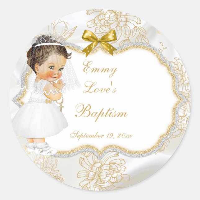 Sticker Rond Croix dorée de communion de baptême de bébé fille (Devant)