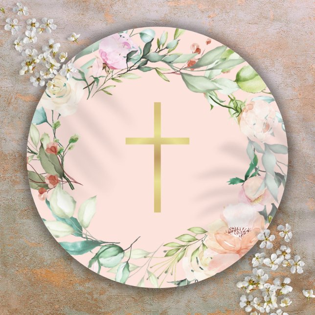 Sticker Rond Croix dorée élégante Guirlande de rose sylvestre f (Elegant Gold Cross Woodland Rose Garland Floral Classic Round Sticker)