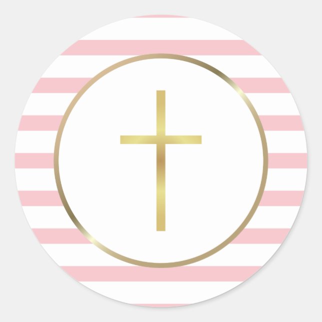 Sticker Rond Croix dorée élégante rayure rose (Devant)