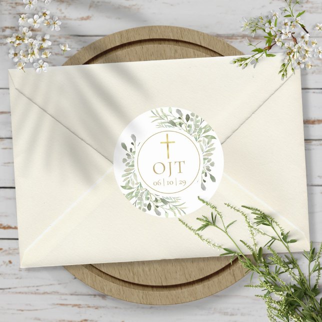 Sticker Rond Croix dorée Monogramme Initiales Verdure (Gold Cross Monogram Initials Greenery Classic Round Sticker)