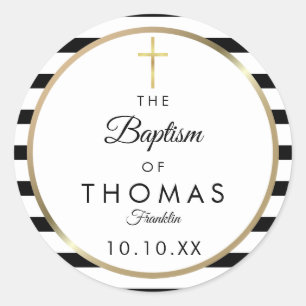 Sticker Rond Croix dorée rayure Baptême Christening