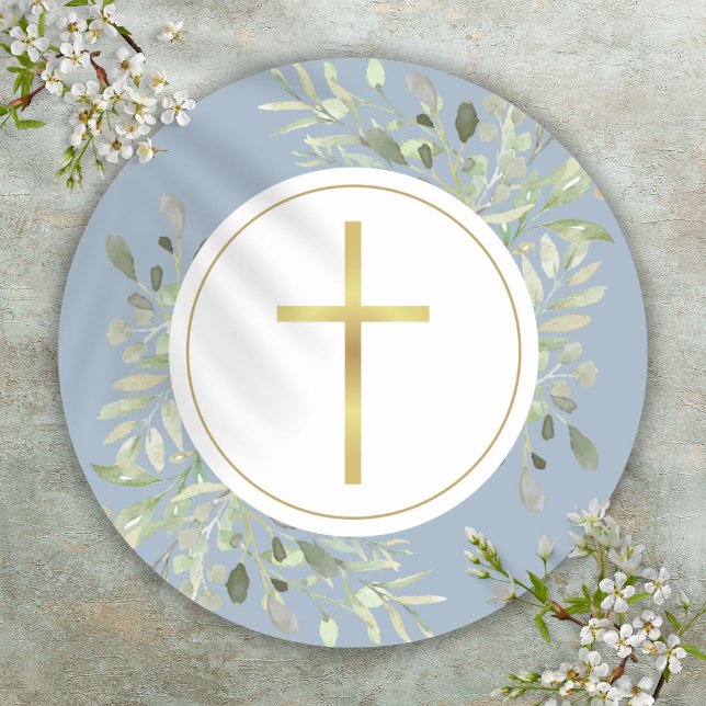 Sticker Rond Croix dorée simple Aquarelle Verdure Bleu poussiér (Simple Gold Cross Watercolor Greenery Dusty Blue Classic Round Sticker)