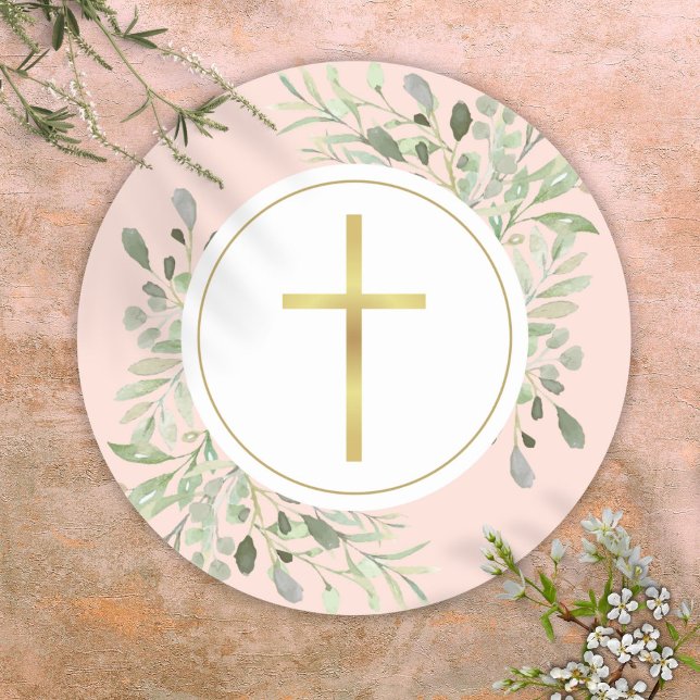 Sticker Rond Croix dorée simple aquarelle verdure rose poudré (Simple Gold Cross Watercolor Greenery Blush Pink Classic Round Sticker)