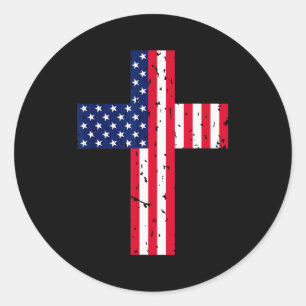 Sticker Rond Croix Drapeau États-Unis Chrétien Religieux États-