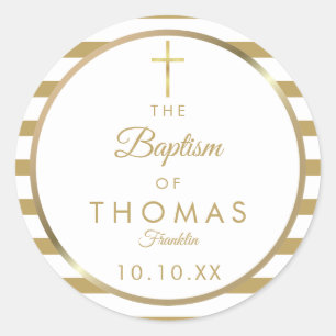 Sticker Rond Croix élégante dorée rayure baptême
