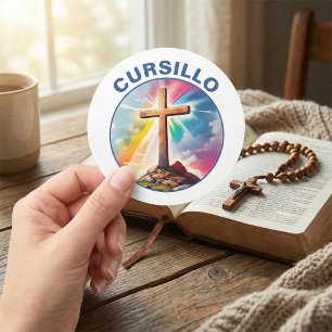 Sticker Rond Croix en bois de Cursillo avec arc-en-ciel et nuag