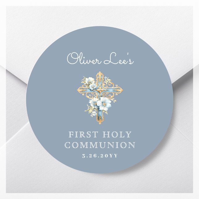 Sticker Rond Croix florale bleue Première communion sainte (Créateur téléchargé)