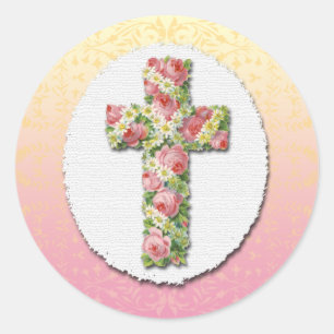 Sticker Rond Croix florale de rose Roses et marguerites