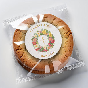 Sticker Rond Croix florale dorée pour baptême Couronne de roses