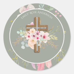Sticker Rond Croix Florale rose Filles Baptême Fleur Jolie
