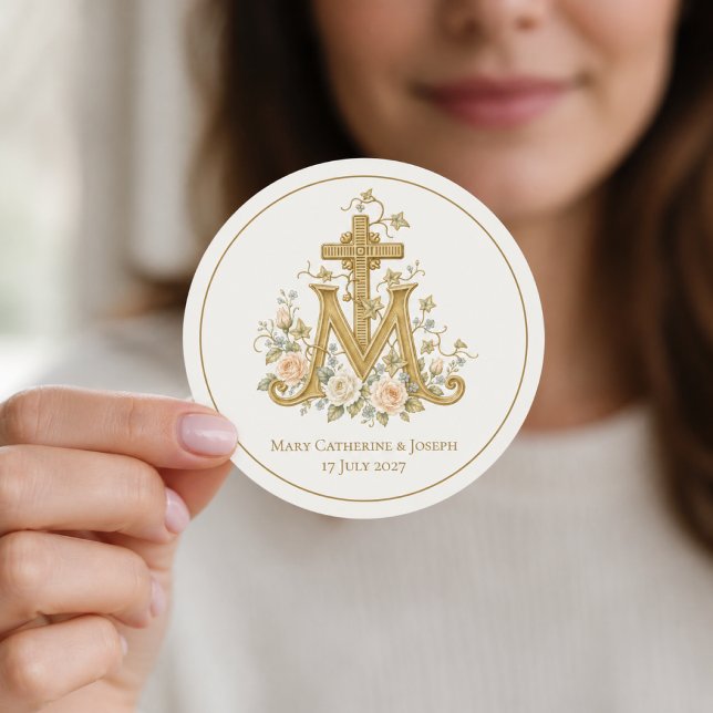 Sticker Rond Croix mariale catholique Monogramme avec des roses (Créateur téléchargé)