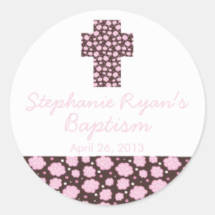 Sticker Rond Croix moderne rose Brown floral Baptême Favoriser