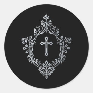 Sticker Rond Croix Religieuse dans le Blason Noir Faux Argent V