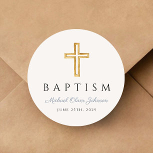 Sticker Rond Croix Religieuse Garçon Baptême Script Bleu Poussi