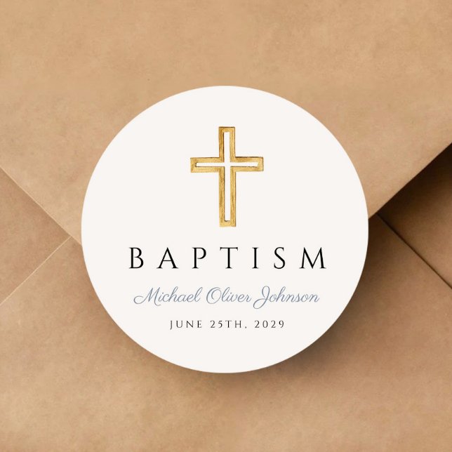 Sticker Rond Croix Religieuse Garçon Baptême Script Bleu Poussi (Religious Cross Dusty Blue Script Boy Baptism Classic Round Sticker)