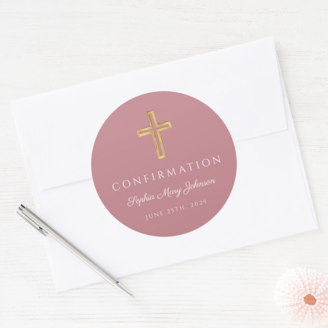 Sticker Rond Croix Religieuse Rose Moderne Fille Confirmation (Enveloppe)
