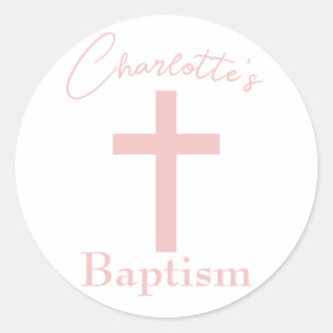 Sticker Rond Croix rose bébé avec nom personnalisé Baptême