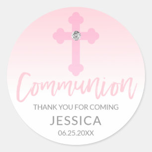 Sticker Rond Croix rose blanche moderne COMMUNION Merci fille