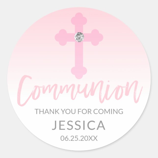 Sticker Rond Croix rose blanche moderne COMMUNION Merci fille (Devant)