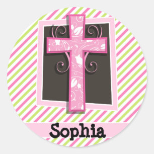 Sticker Rond Croix rose sur des rayures de rose et de vert de