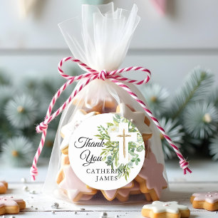 Sticker Rond Croix végétale florale Baptême élégant