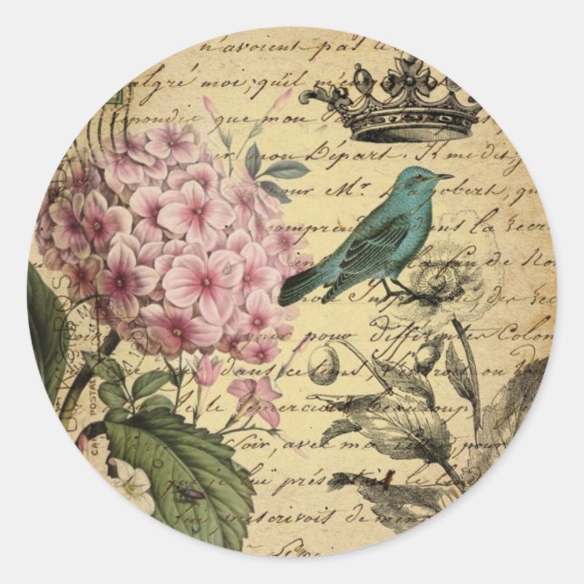 Sticker Rond cropt hydrangea bird french botanical (Devant)