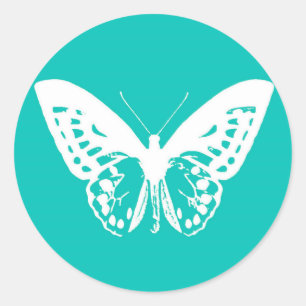 Sticker Rond Croquis de papillon, bleu turquoise et blanc