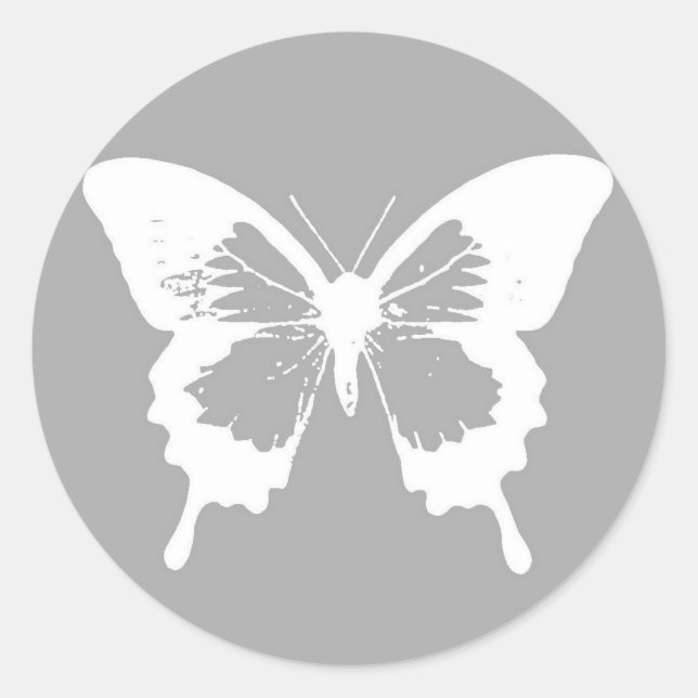 Sticker Rond Croquis papillon, gris argenté et blanc (Devant)