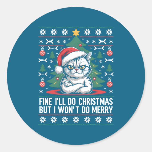 Sticker Rond Crossed Arms Cat Funny Christmas Ugly Sweater Long (Devant)