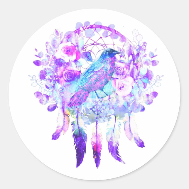 Sticker Rond Crow Dreamcatcher Blue Purple Floral (Devant)