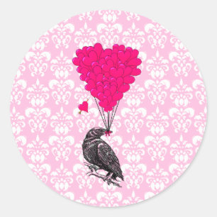 Sticker Rond Crow et coeur sur damas rose