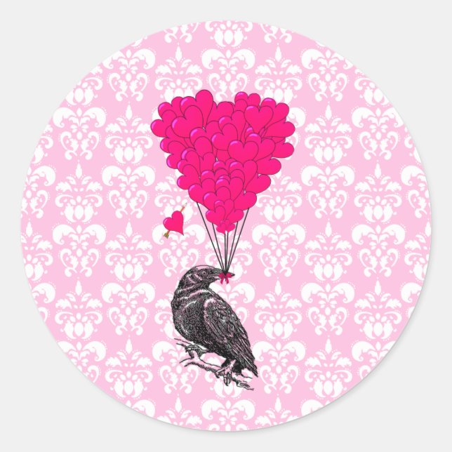 Sticker Rond Crow et coeur sur damas rose (Devant)