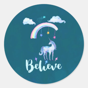 Sticker Rond Croyez avec une licorne aquarelle sous un arc-en-c