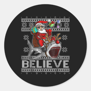 Sticker Rond Croyez En Père Noël Riding Shark Christmas Ugly Sw