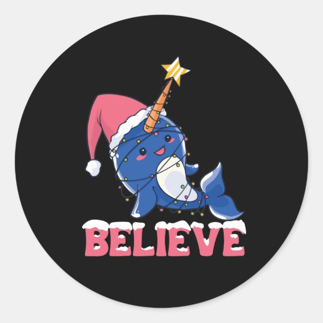 Sticker Rond Croyez Narwhal Noël Fée Lumières (Devant)