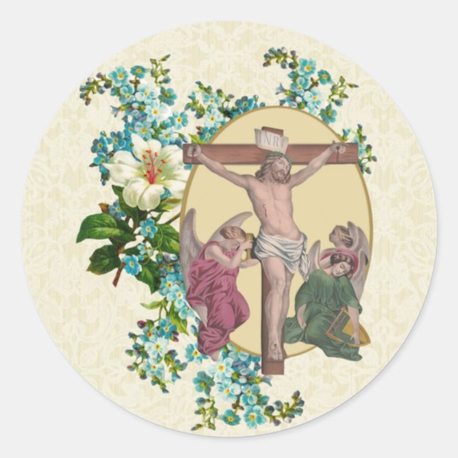 Sticker Rond Crucifixion religieuse de Jésus avec des anges de  (Devant)