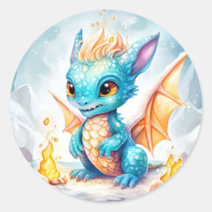 Sticker Rond Crystalized Cute Baby Dragon Bleu Bleu Bébé