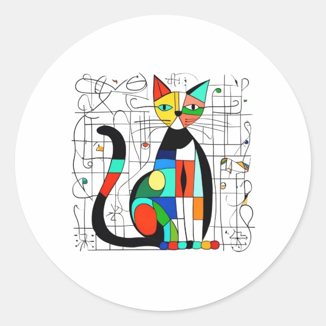Sticker Rond Cubisme Abstrait coloré d'art de chat (Devant)