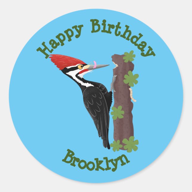 Sticker Rond Cue drôle Pileated woodpecker dessin d'illustratio (Devant)