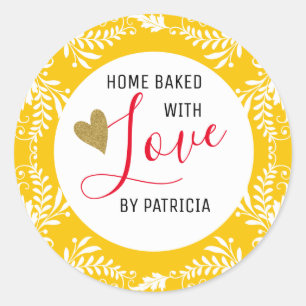 Sticker Rond Cuisiné À La Mode Avec Amour Jaune Et Blanc