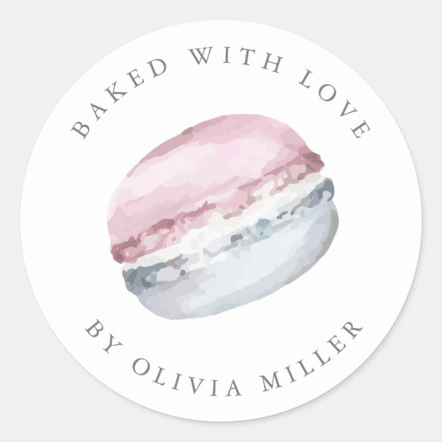 Sticker Rond Cuisiné Avec Amour Élégant Pâtisserie Macarons Ros (Devant)
